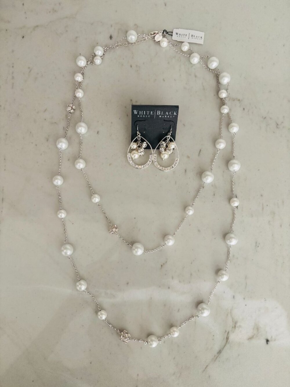 NWT White House Black Market Silver Tone Faux Pearl & Crystal Layering Necklace
